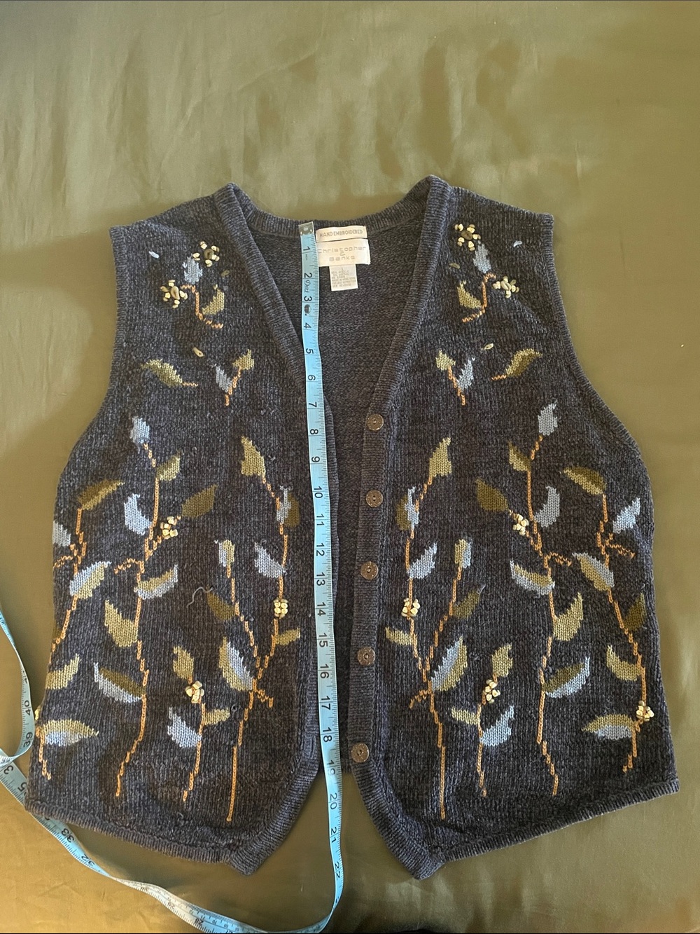 Vintage Embroidered Navy Knit Button-Up Vest